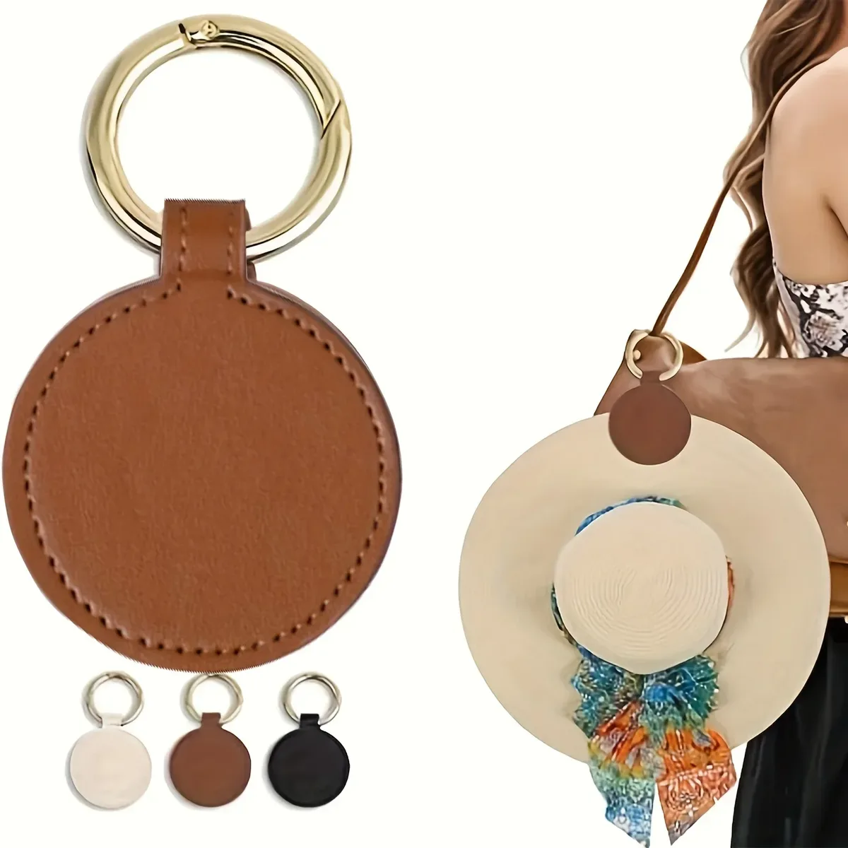 porte-chapeau magnétique cuir marron boucle dorée accessoire sac voyage fixation chapeau cuir qualité durabilité polyvalence clip magnétique