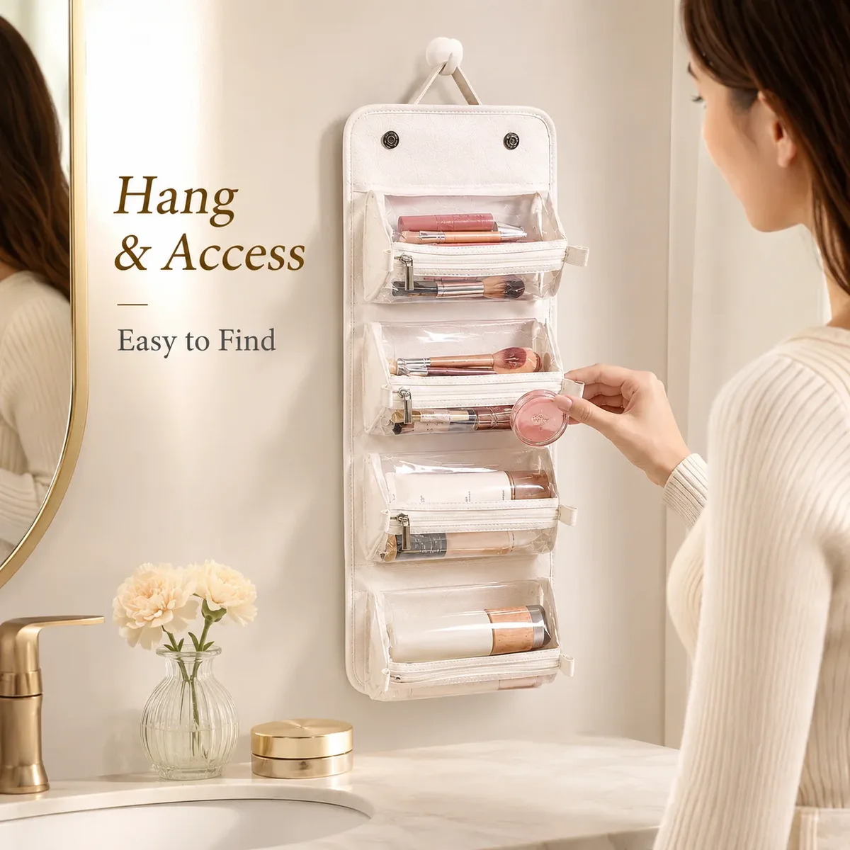 trousse de maquillage de voyage pour femmes en déplacement professionnel, 4 pochettes transparentes détachables, organiseur de cosmétiques et de toilette pliable à suspendre