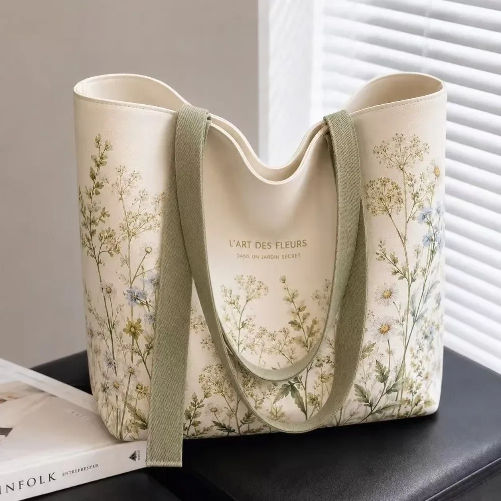 nouveau sac fourre-tout en toile de coton, durable et léger, imprimé marguerites vertes, idéal pour les voyages et le shopping.