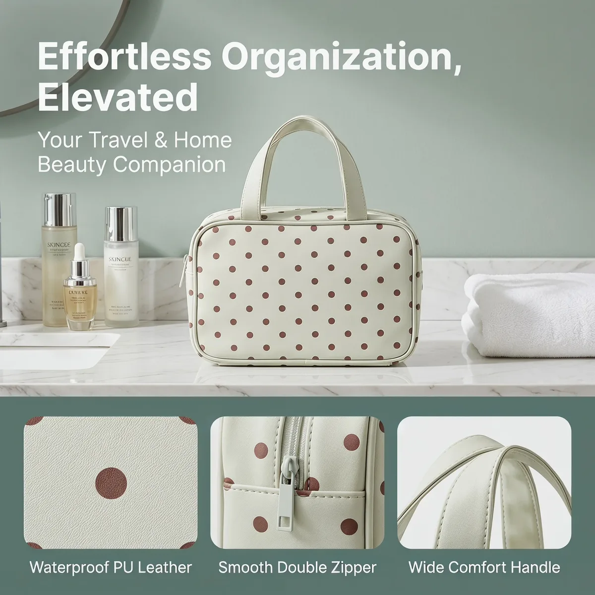 sac de toilette coréen style ins à pois, imperméable, grande capacité, portable, pour le rangement des produits de soin et de maquillage