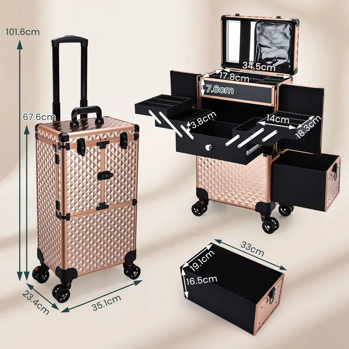 trolley de maquillage professionnel à roulettes avec grand tiroir profond et 4 plateaux, chariot de maquillage roulant, valise pour tatoueurs, barbiers et ongleries, station de maquillage, valise de cosmétologie à roulettes, table de manucure roulante