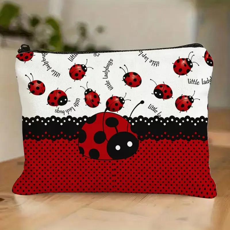 1 pièce, trousse de maquillage imprimée coccinelle, fermeture éclair durable, indispensable pour les voyages fréquents, rangement d'accessoires exquis, en lin durable