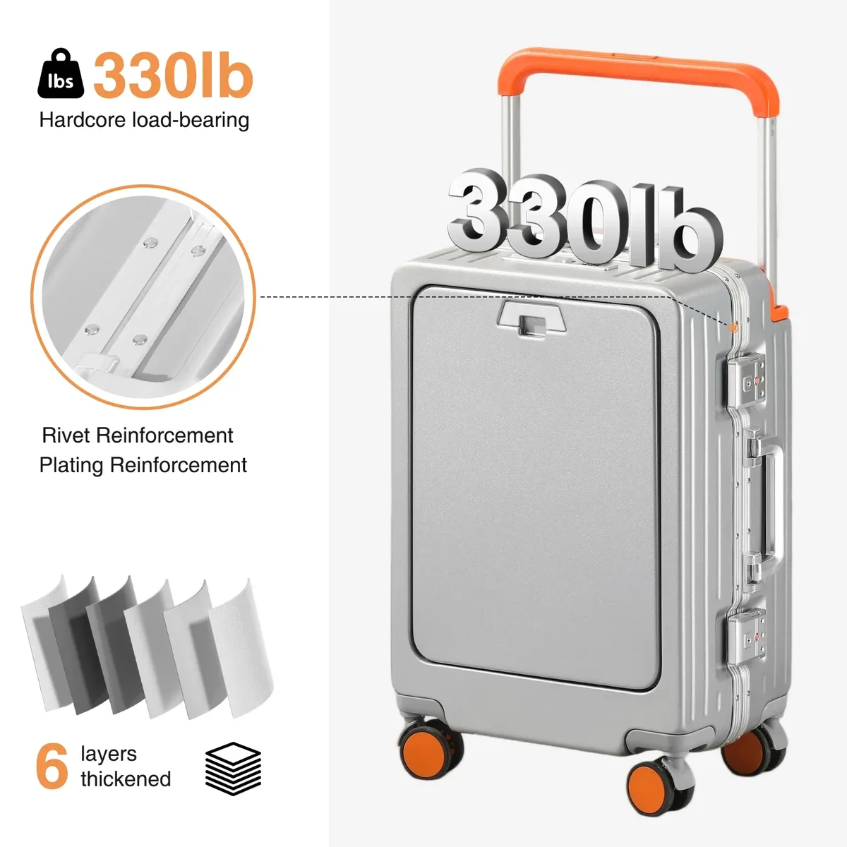 valise cabine à ouverture frontale avec roues pivotantes, port de charge, cadre en aluminium et poignée à code, idéale pour l'embarquement en avion