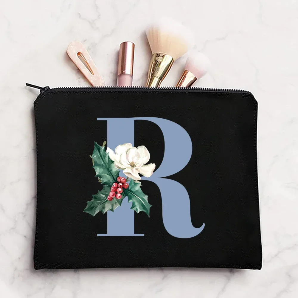 sac à cosmétiques en tissu pour femmes, pochette de maquillage, sac de voyage, rouge à lèvres, étuis de rangement, pochette à fermeture éclair, porte-monnaie de téléphone, initiales bleues imprimées
