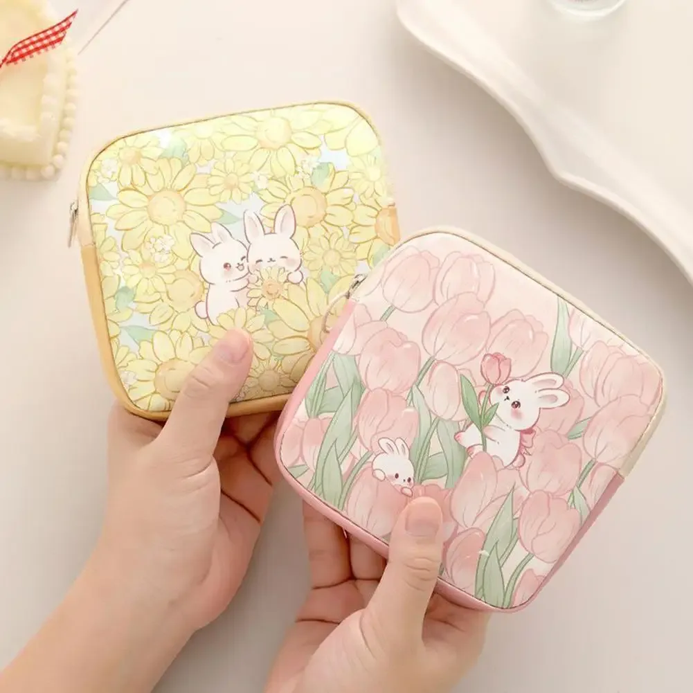 sac de rangement floral mignon en forme de lapin, mini organisateur de serviettes hygiéniques, pochette cosmétique portable pour femmes, sac à monnaie pour câbles de données