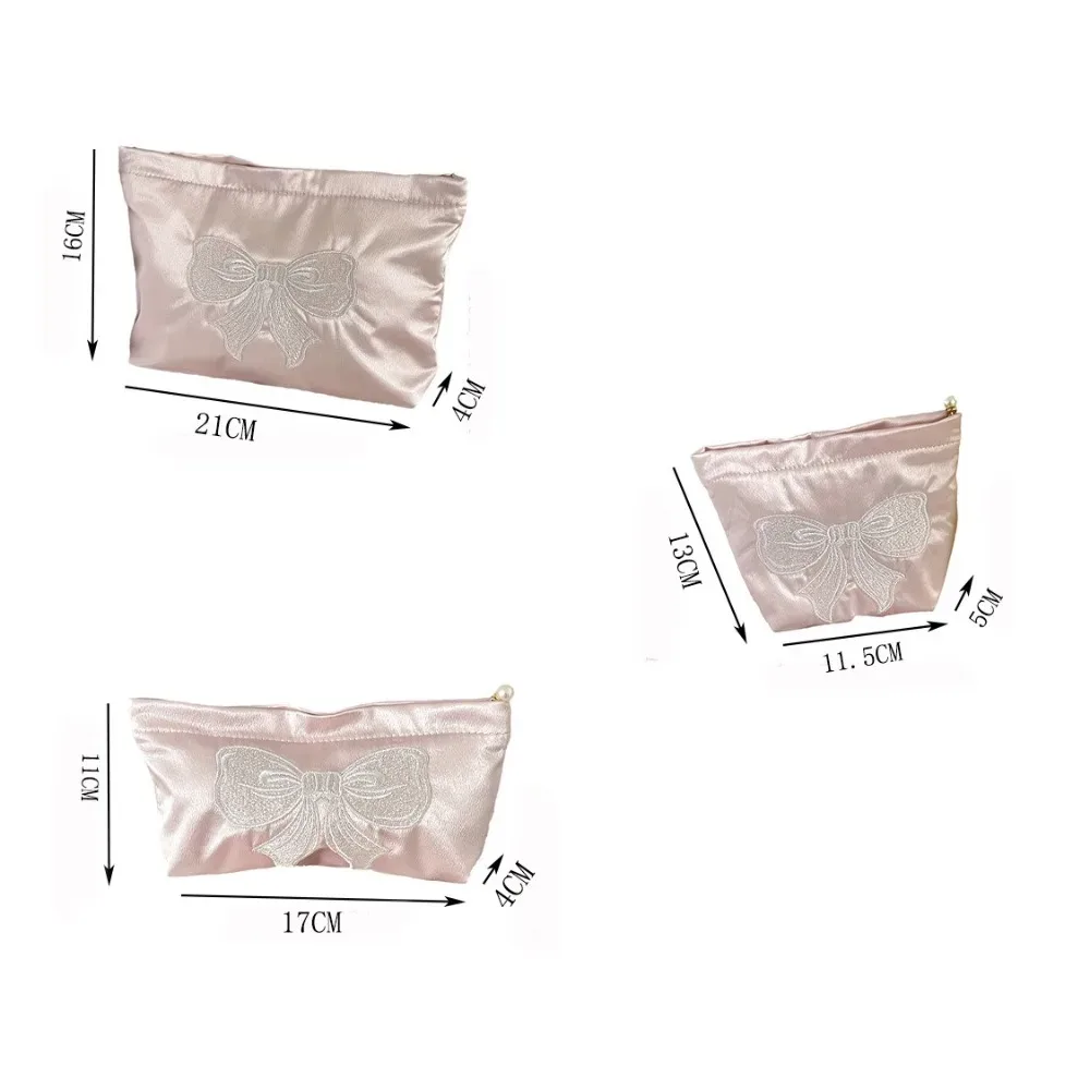 sac de maquillage rose mignon avec nœud, pochette de rangement pour articles de toilette avec fermeture éclair perlée, sac cosmétique brodé avec nœud pour femme