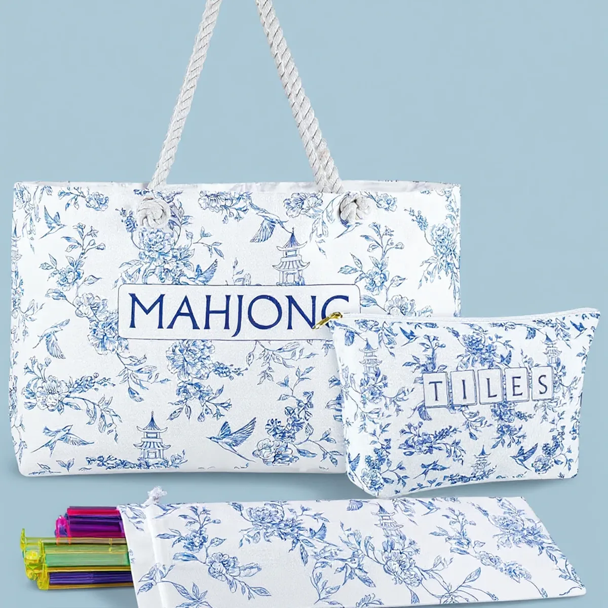 sacs de rangement pour tuiles de mahjong imprimées bleues, ensemble de sacs fourre-tout de 24x13x4,7 pouces, grands avec poignées pour les voyages, le transport quotidien, cadeau pour les amateurs de jeux de société