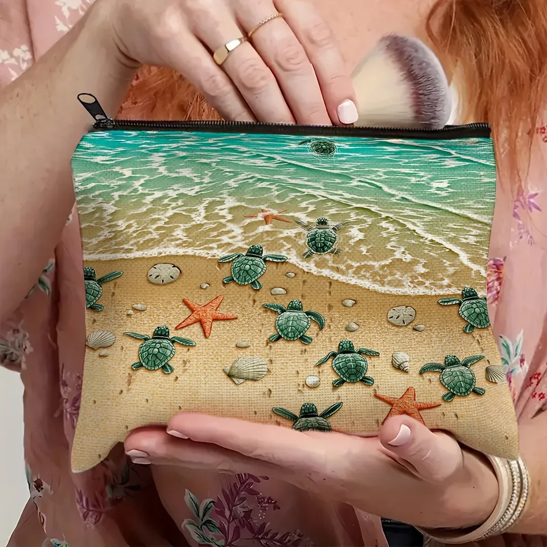 trousse à cosmétiques vibrante d'inspiration dans l'océan – pochette de maquillage spacieuse et durable en polyester avec motif tortue et étoile pour les voyages, les vacances