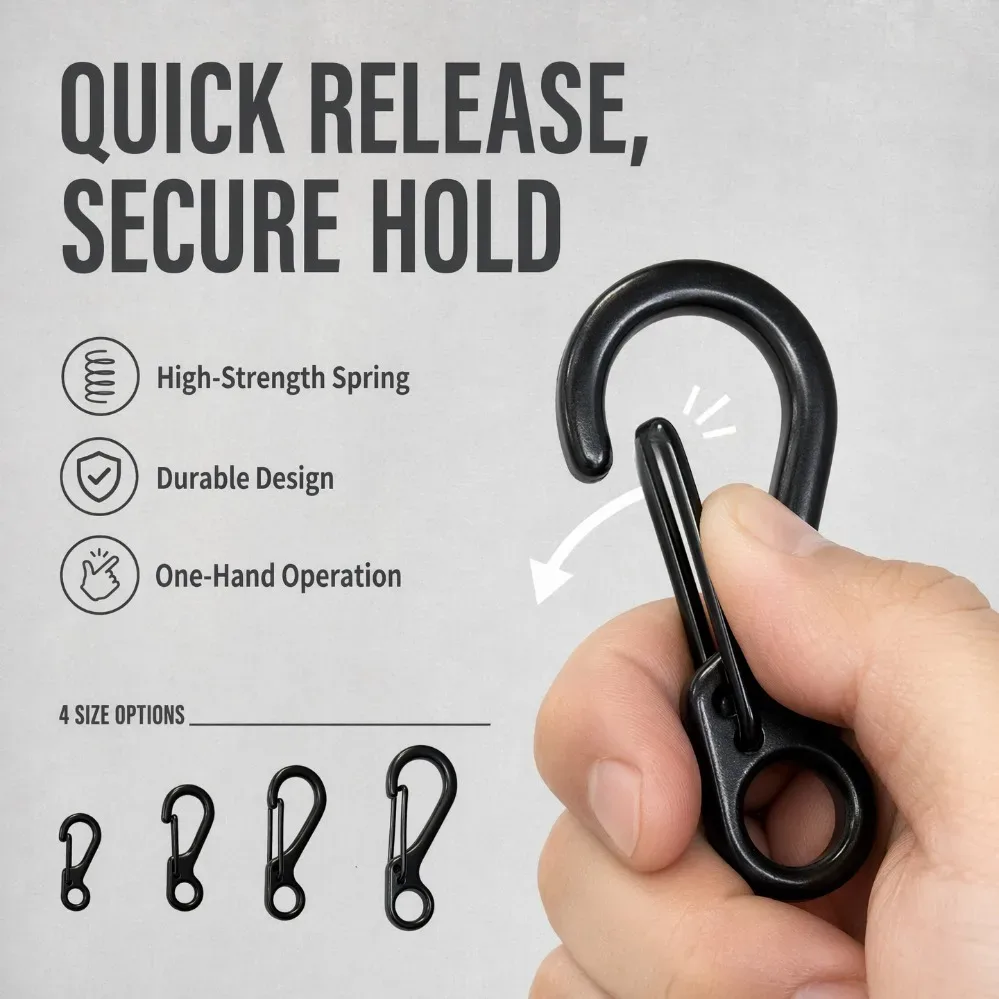 carabiner métal noir clip ressort sangles voyage camping escalade survie activités plein air randonnée utilisation rapide sécurisée conception robuste