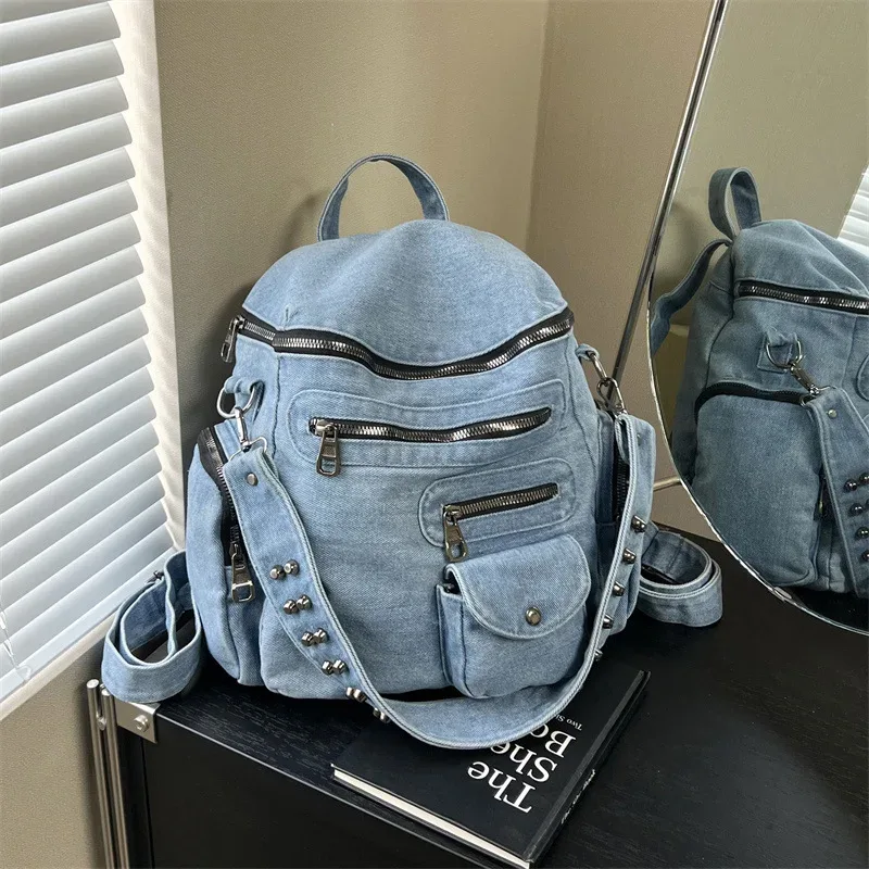 nouveau sac à dos en jean vintage 2026, sac moto multi-poches pour femme, sac à bandoulière au design original, sac d'école décontracté, sac à dos de voyage