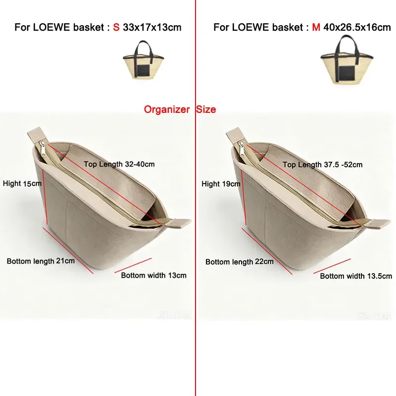 organisateur de sac trapézoïdal, doublure supérieure avec couvercle zippé pour sac de panier en feuille de palmier et peau de veau 33x17x1 0/40x26.5x16