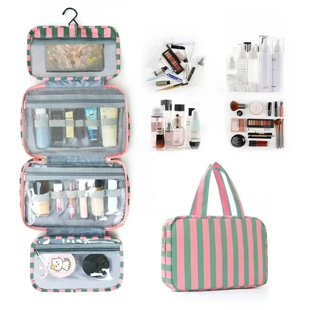trousse de toilette de voyage suspendue portable rayée avec crochet, sac de maquillage pliable 4 volets grande capacité, organisateur cosmétique de voyage