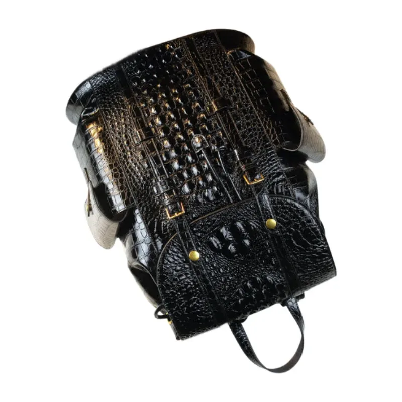 sac à dos de voyage à motif crocodile en cuir de vache véritable – grand sac d'école unisexe pour étudiants et employés de bureau avec fermeture éclair antivol