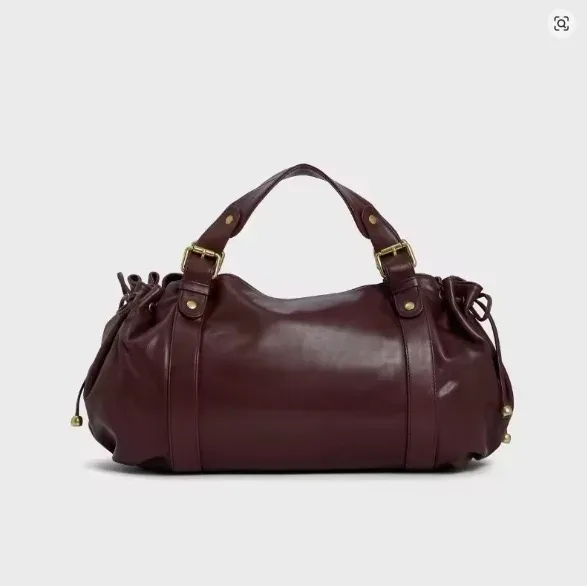 sac fourre-tout vintage en cuir souple plissé avec cordon de serrage, grand sac à bandoulière simple pour femme, sac de travail boston
