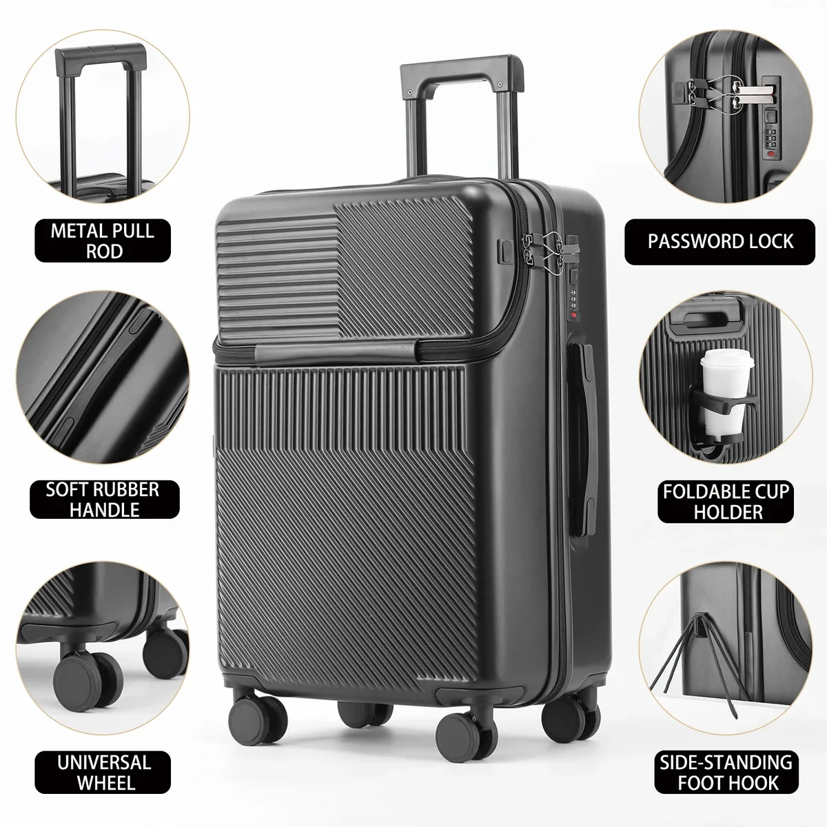 valise multifonctionnelle à ouverture frontale avec fermeture éclair, porte-gobelet, support latéral et crochet de maintien, bagage à roulettes