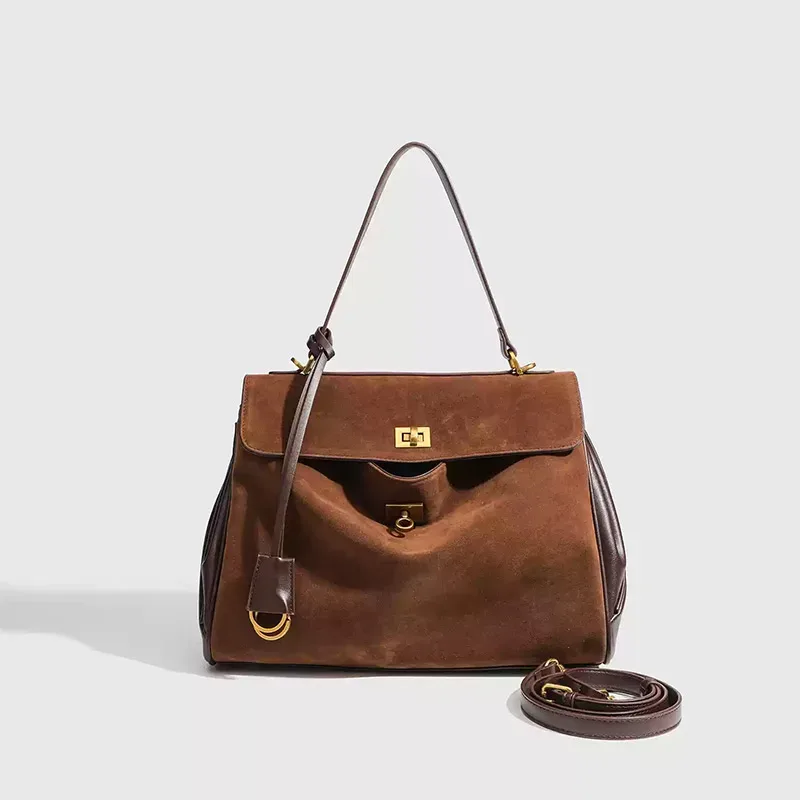 sac à main en cuir group pour femme, marque de luxe, marron, daim givré, fourre-tout localité, à la mode