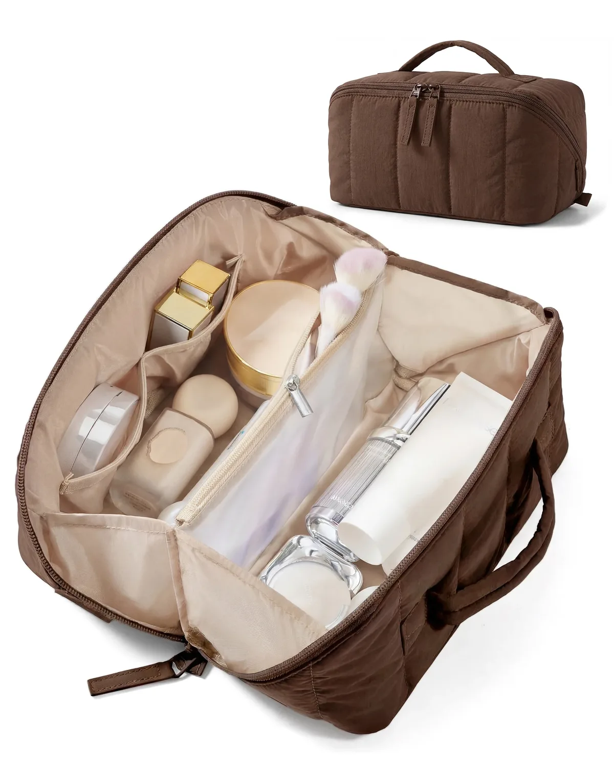 bagsmart trousse de maquillage de voyage matelassée pour femme, ouverture plate, résistante à l'eau, marron, trousse de toilette portable, organiseur de maquillage rembourré
