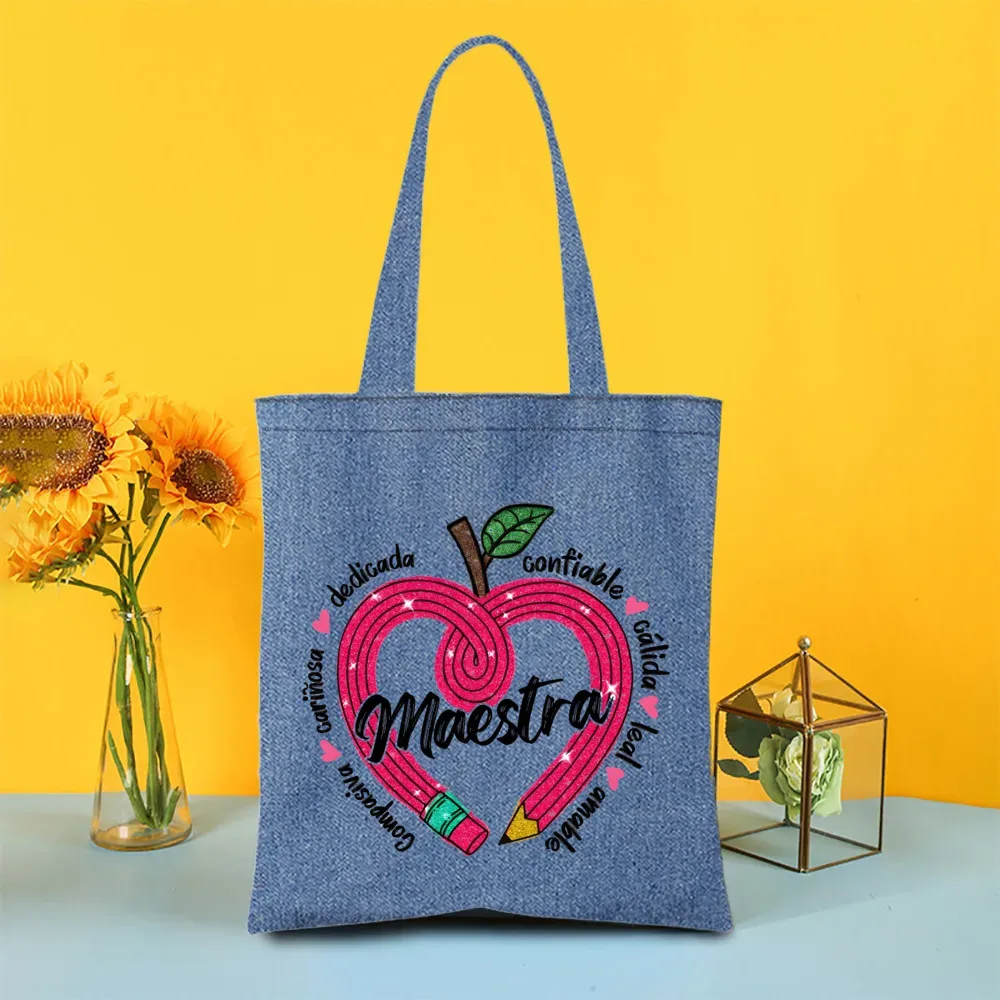 sac fourre-tout en denim peint pour enseignant arc-en-ciel, sacs de shopping pour femmes, sacs à main de voyage, fourre-tout pour la journée des enseignants, cadeaux de remerciement pour les enseignants