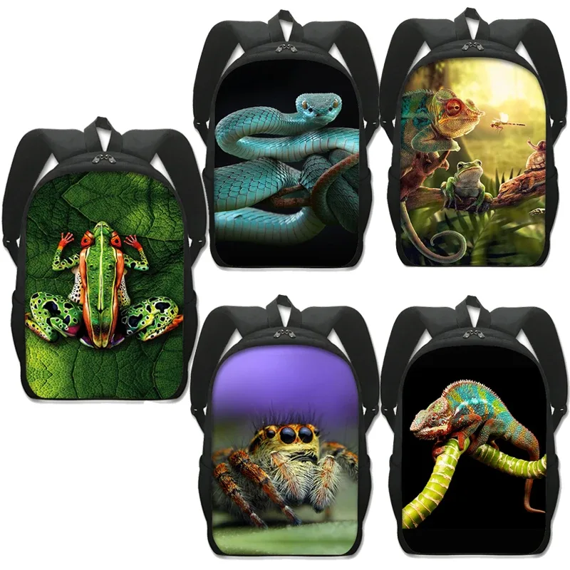 sac à dos imprimé animal de compagnie de 16 pouces pour femme et enfant, fourre-tout d'école, de voyage, avec grenouille, caméléon, serpent, araignée, livre, cadeau