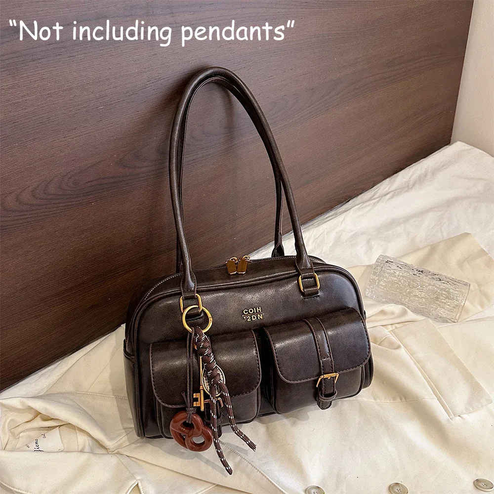 Sac à bandoulière rétro en cuir PU de couleur unie pour femme, avec plusieurs poches, grande capacité, sac à main exquis et à la mode