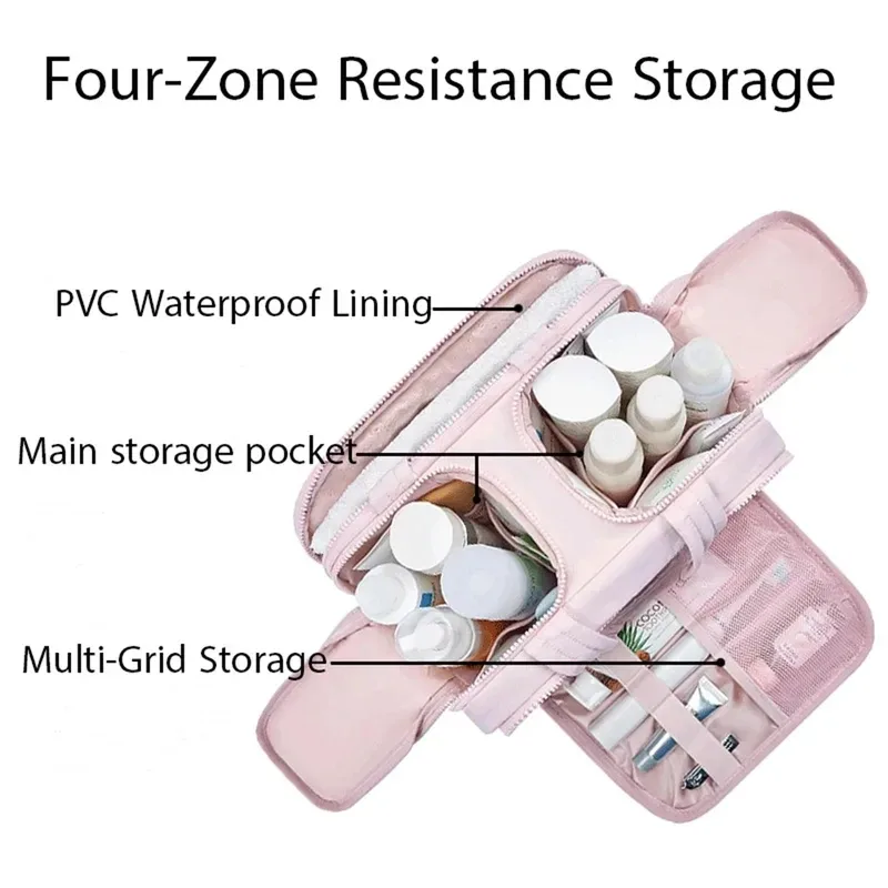 grande trousse de maquillage de voyage 180 ° organisateur de toilette à large ouverture, trousse à cosmétiques rembourrée résistante à l'eau avec poignée pour bouteilles pleines grand format