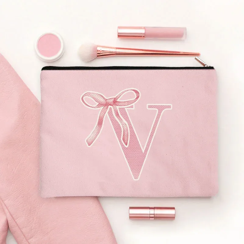 trousse de maquillage rose avec lettre initiale pour filles, poudres cosmétiques à fermeture éclair pour gorl'école de beauté, la remise des diplômes, le voyage, l'évaluation, la trousse de toilette
