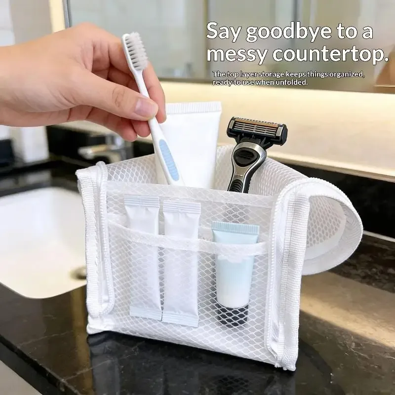 trousse de toilette de voyage respirante en maille, multi-poches, pour vacances et voyages d'affaires