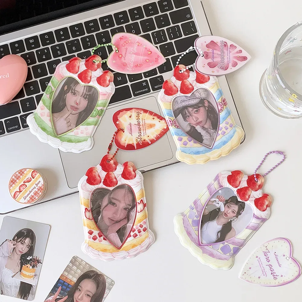 porte-cartes kpop 3 pouces, motif gâteau fraise mignon, protège-cartes cœur, pendentif sac portable, décor sac à dos, porte-clés, étui pour cartes