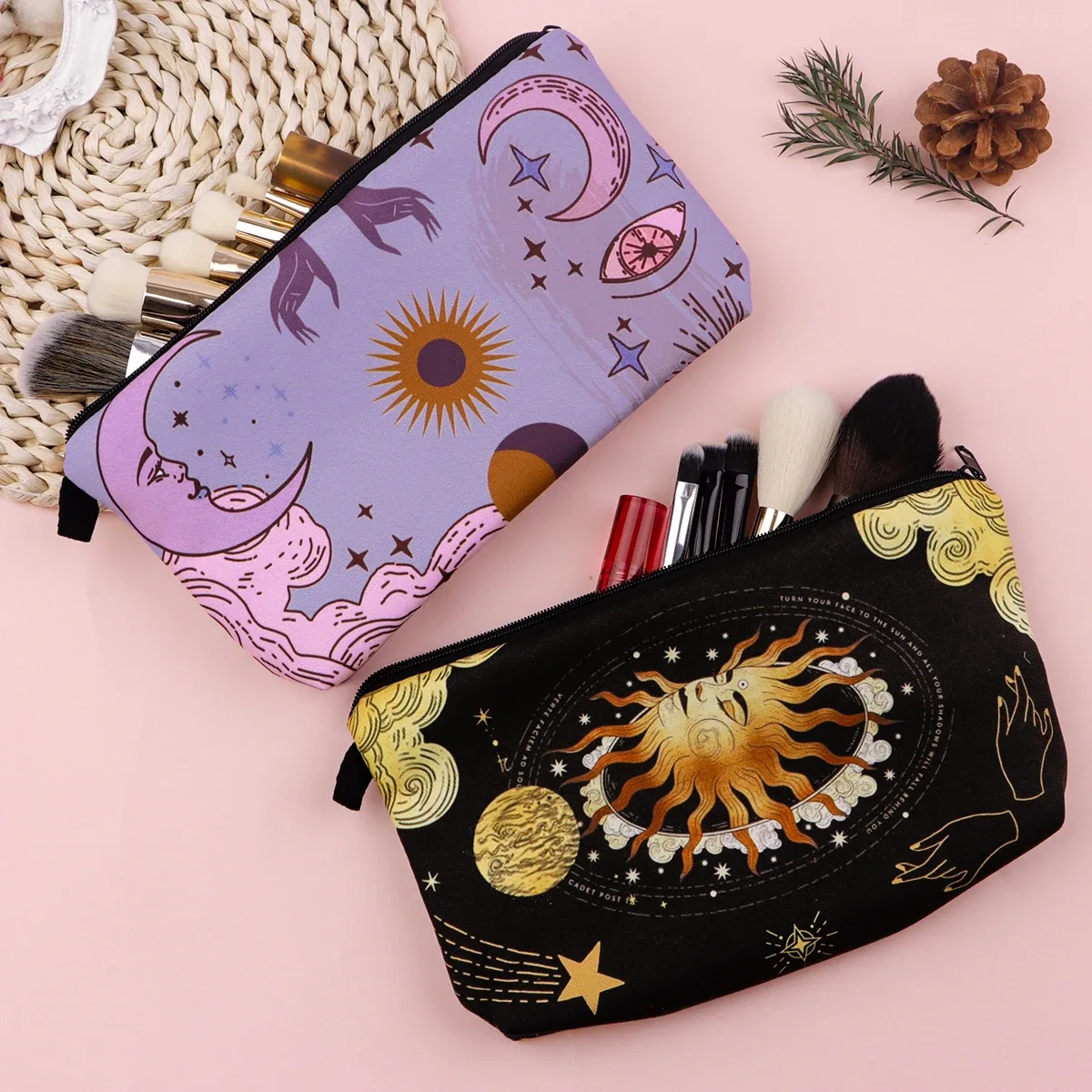 sacs à cosmétiques ciel étoilé en marbre, portables pour femmes, sac de rangement de voyage visage soleil lune rouge à lèvres cosmétiques petits sacs étui de rangement