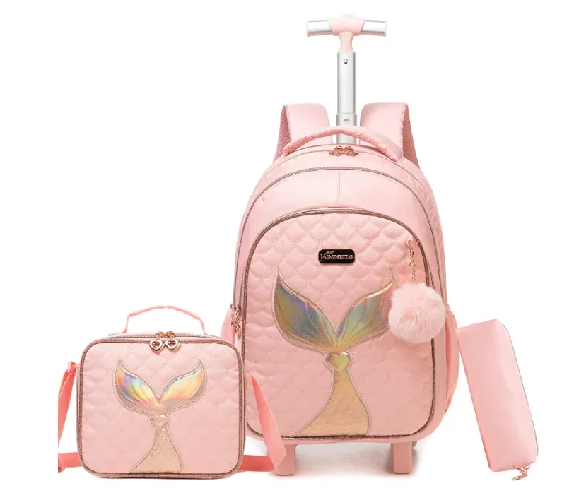 valise sac dos rose queue sirène motif multicolore poignée roue transport enfant déplacement école lunch stylos femmes