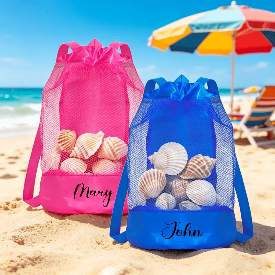 sac voyage maille personnalisation femmes plage gym turquoise rose bleu noir coquillages poche inférieure