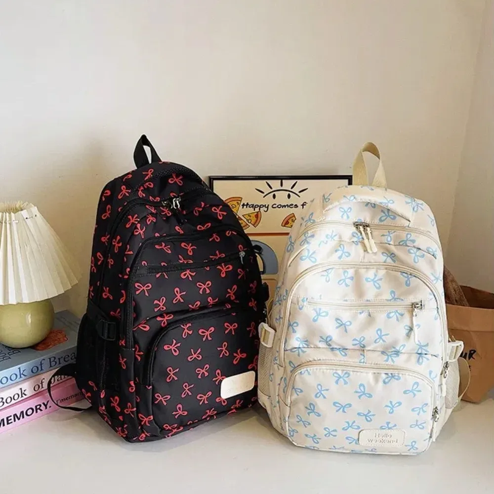 lot de 3 sacs à dos mignons grande capacité avec nœud, en nylon, à bretelles réglables, pour étudiants, imprimé nœud, sac à dos de voyage