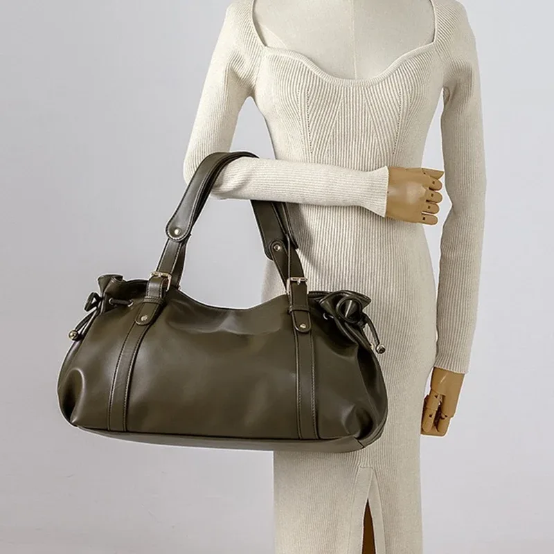 sac fourre-tout vintage en cuir souple plissé avec cordon de serrage, grand sac à bandoulière simple pour femme, sac de travail boston