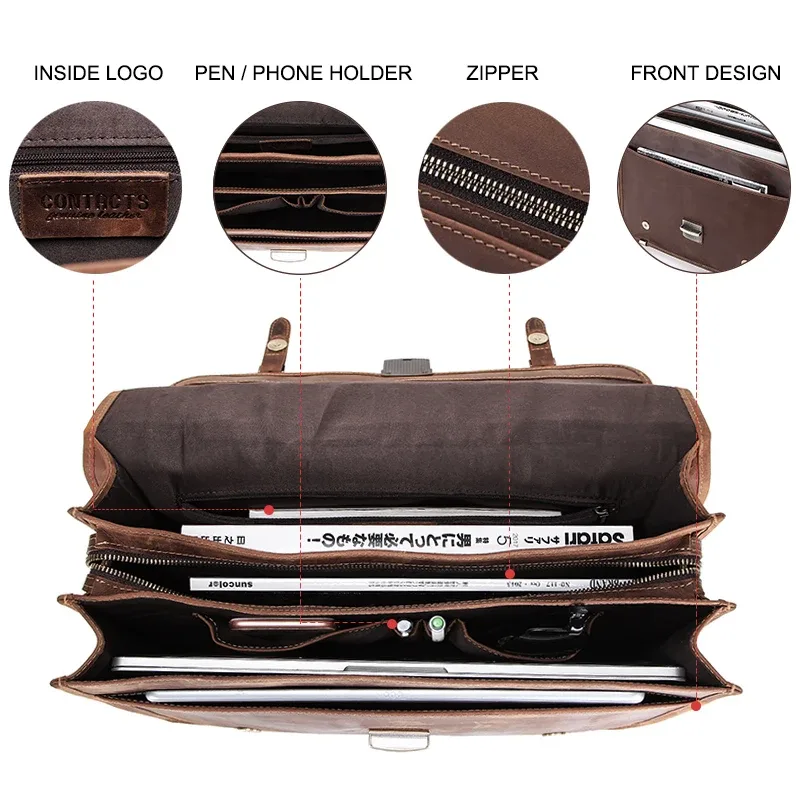 sacoche affaires cuir vache marron foncé bandoulière amovible boucles dorées fermeture loquet polyester intérieur poche téléphone portable usage voyage hommes
