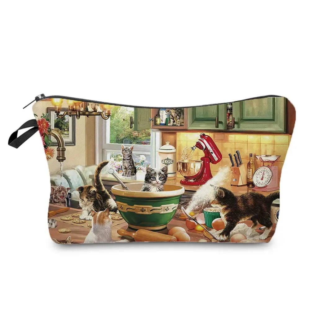 trousse de maquillage imprimée chat pour femme, peinture à l'huile, mode rétro, sacs à cosmétiques, haute qualité, étuis à crayons, sac cadeau portable, offre spéciale