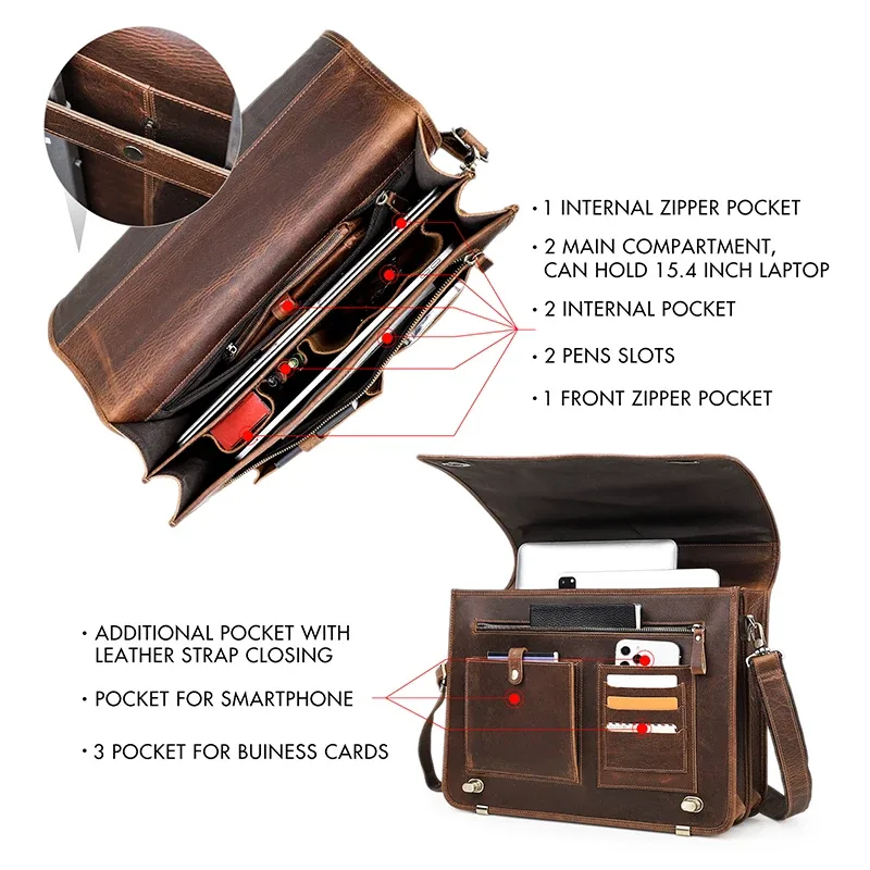 porte documents cuir vraie vache polyester darkbrown loquet sécurité poignées bandoulière compartiments ordinateur portable smartphone cartes voyage