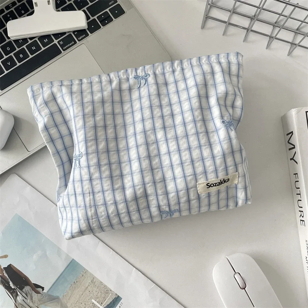 sac de maquillage brodé à carreaux rayés, sac à cosmétiques pour femmes, organisateur de voyage de maquillage à fermeture éclair portable, pochette de rangement de toilette féminine