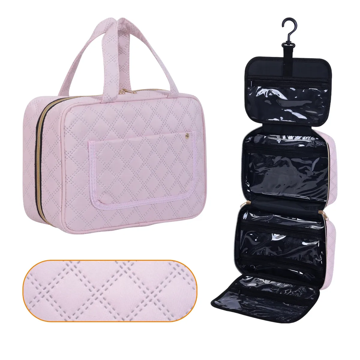 uozl organisateur de toilette suspendu de grande capacité-étui de maquillage en polyester noir imperméable avec fermeture éclair dorée, multi-compartiments de