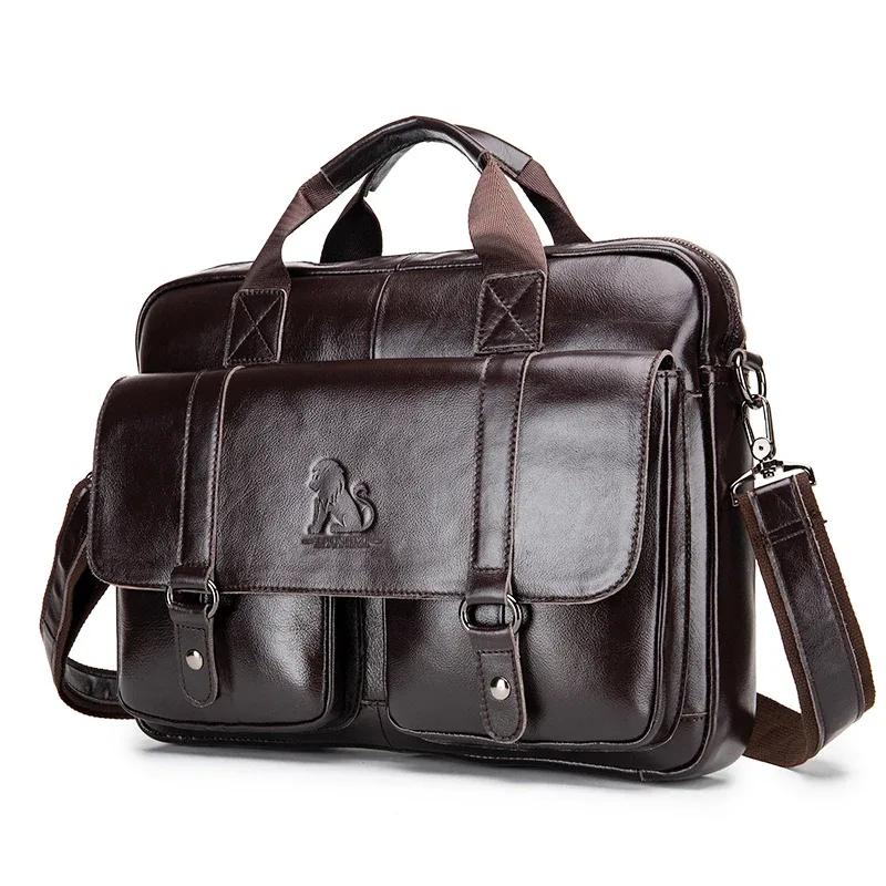 porte-documents pour homme en cuir véritable avec deux poches avant, sac pour ordinateur de grande capacité, sac à main diagonal