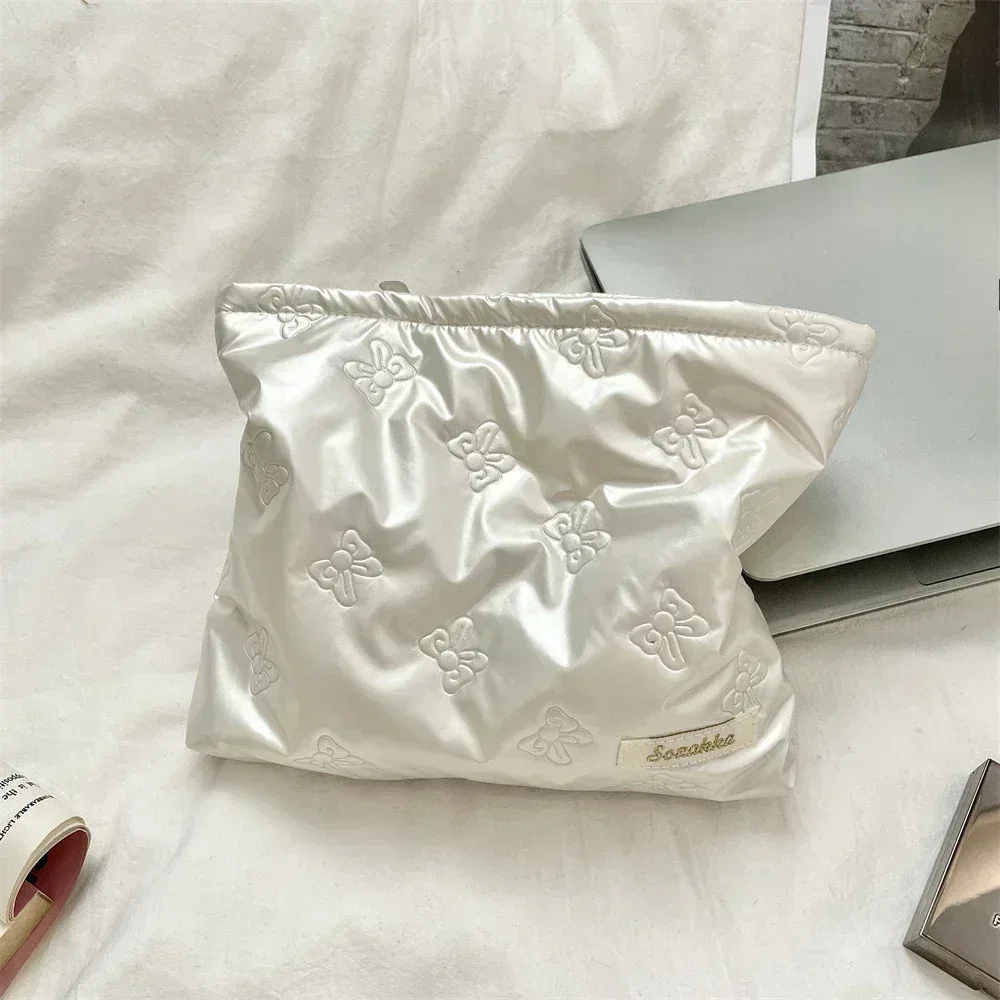 sac à cosmétiques matelassé coréen en pu avec nœud d'amour, pochette pour produits de soins de la peau, poche intérieure, sac de rangement multifonction pour maquillage et rouge à lèvres