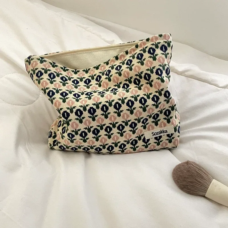 trousse de maquillage en velours côtelé pour femme, trousse cosmétique à imprimé floral rétro, étuis de rangement de beauté, poudres de maquillage de voyage