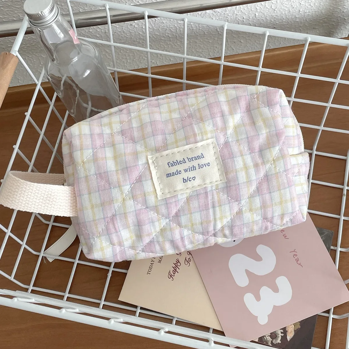 sac à cosmétiques vintage à fleurs pour femmes, pochette à carreaux mignonne, trousse de maquillage de voyage, petits sacs à main matelassés en coton à fleurs