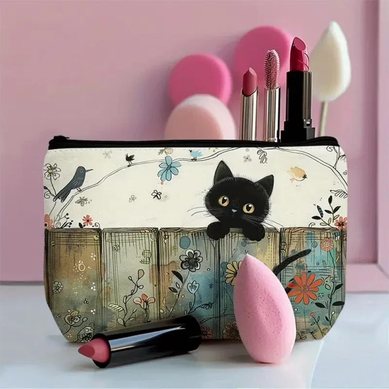 pochette à fermeture éclair à motif de chat noir, sac à cosmétiques durable, résistant à la décoloration, sac de rangement pour maquillage de voyage, cadeau pour filles