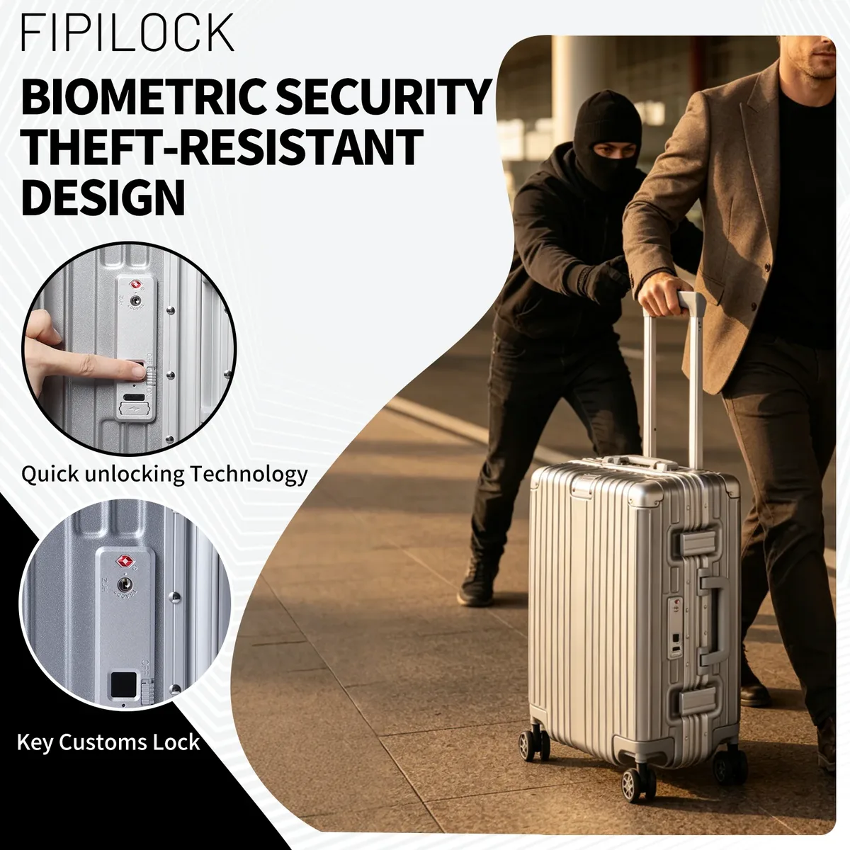 valise fipilock 20 pour voyage avec déverrouillage intelligent par empreinte digitale, antivol et anti-effraction, haute qualité, étanche.