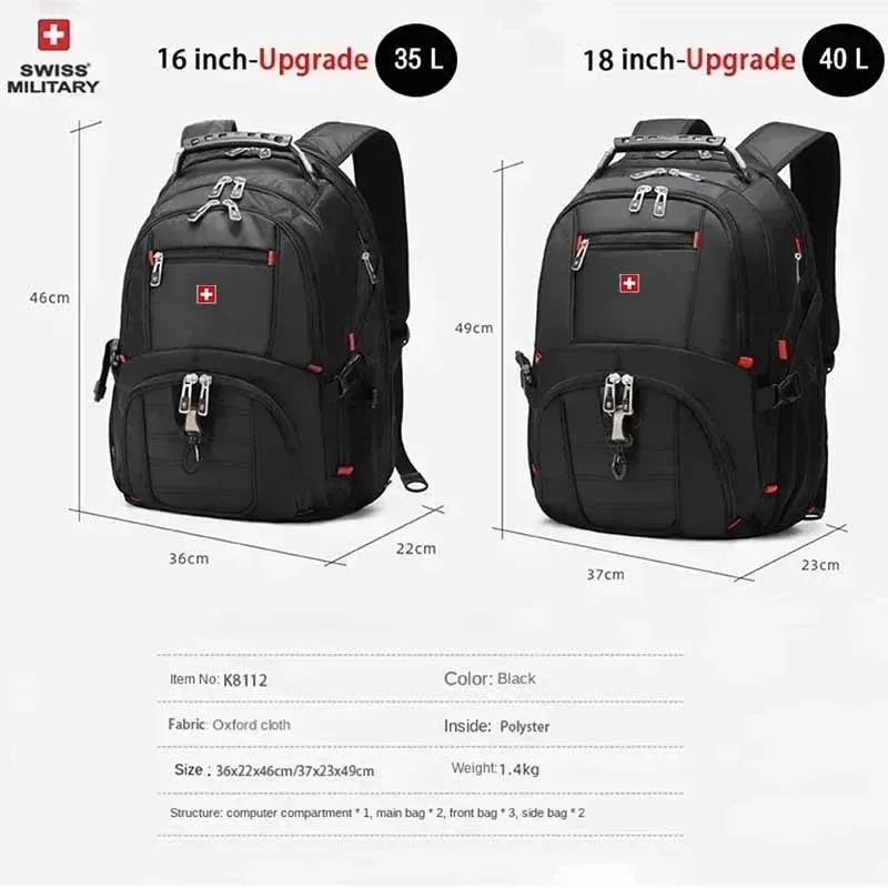 sac à dos pour ordinateur portable swiss 17' imperméable avec port de charge usb, sac à dos multifonctionnel de style suisse, cartable, sac de randonnée, sac de voyage