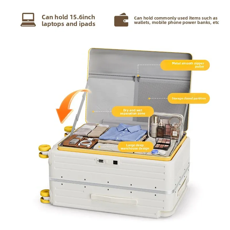 valise de voyage en aluminium avec cadre pc, ouverture frontale, poignée large, roulettes, 20/24/26 pouces
