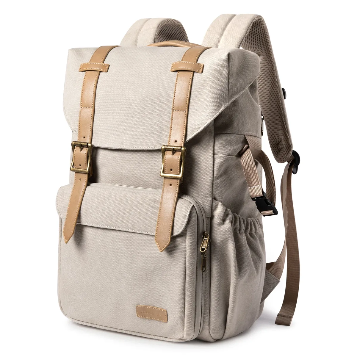 sac dos toile noire bandes grises boucles dorées poche limon cadre externe voyage photo ordinateur portable trépied