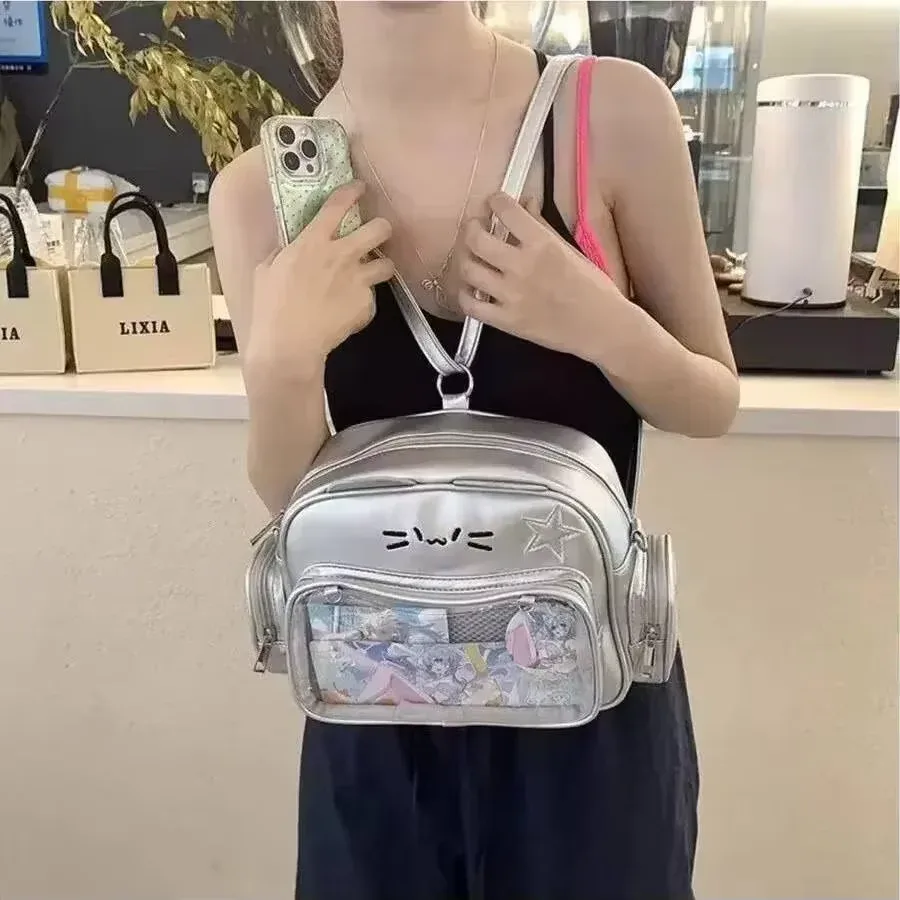 y2k-sac à dos chat argenté pour femme, adolescent mignon, sac d'école ita, doux, fille, poche transparente, sac de voyage, sac à bandoulière, japon