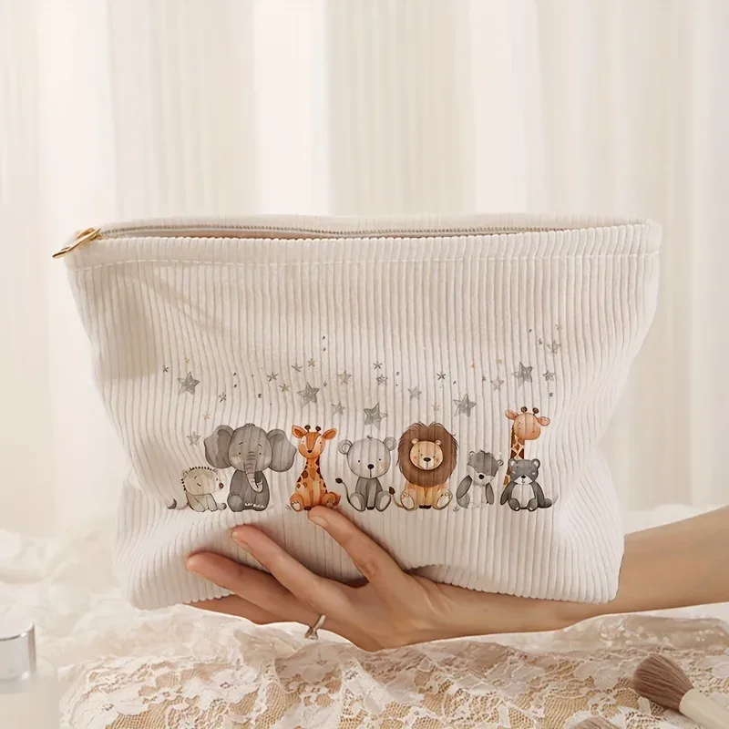 trousse de maquillage multifonctionnelle en velours côtelé imprimé motif petits animaux avec fermeture éclair et doublure, sac de rangement pour cosmétiques et articles de toilette