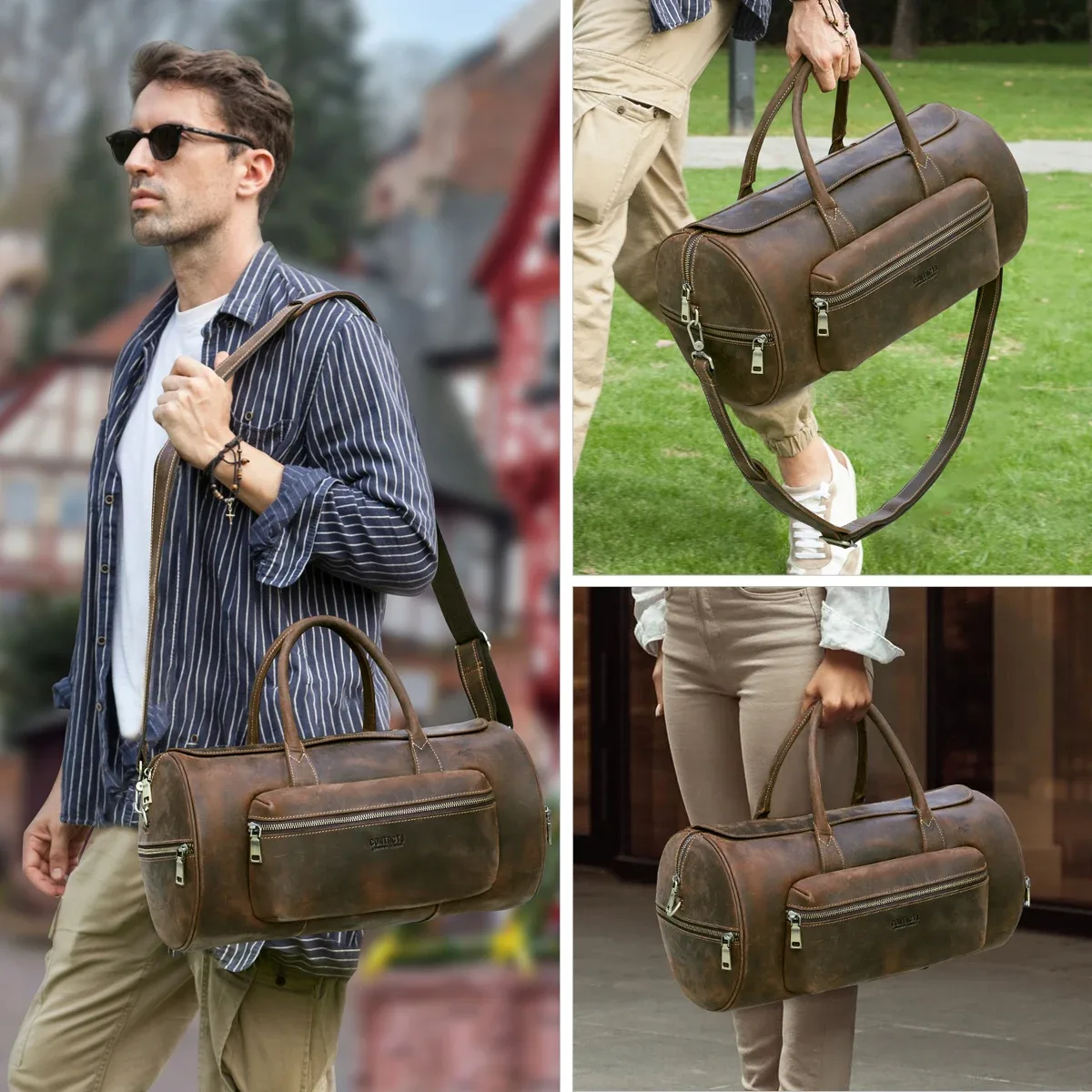 sac dos cuir vache crazy horse marron bandoulière amovible poignée supérieure zip doré forme ovale polyvalent homme